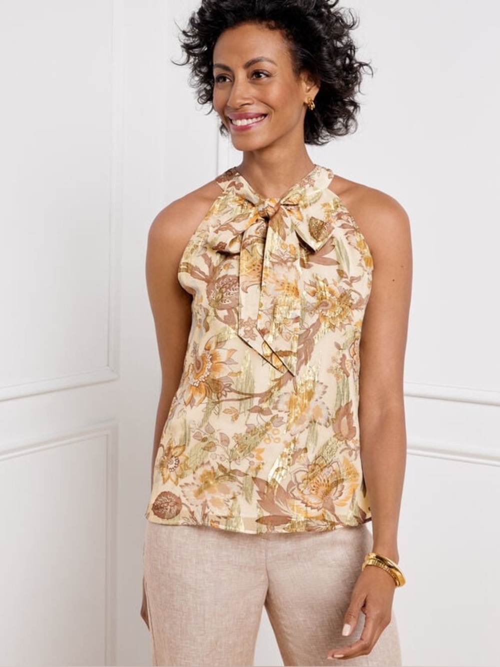 NWT Talbots Tie Neck Halter Top Metallic Gold Ivory Climbing Floral M Medium
